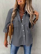 Women's Solid Color Button-Front Long Sleeve Shirt – Collared Woven Stretch Blouse for Office Business Casual Everyday Wear