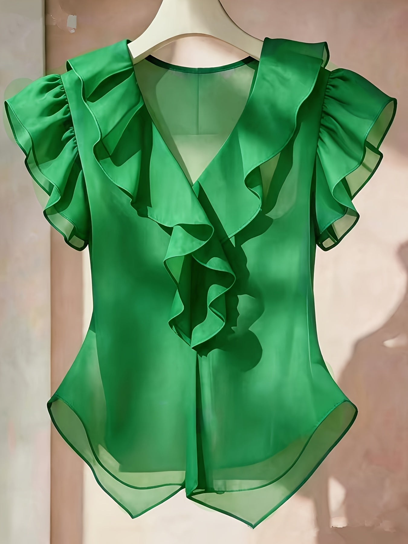 Women's French Ruffle Short Sleeve Chiffon Top – Solid Color Flyaway Casual Summer Blouse in 21 Colors, 100% Polyester Woven