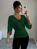 Women's V-Neck Batwing Sleeve Knit Top - Casual Loose Fit Three Quarter Sleeve High Waist T-Shirt Blouse for Spring Summer Fall, Versatile Mid-Length Pullover Top, White Black, Sizes XS-XL