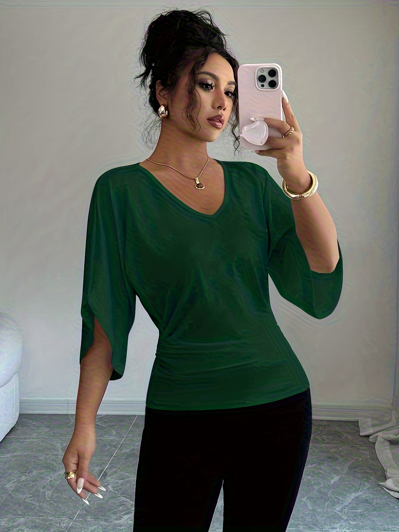 Women's V-Neck Batwing Sleeve Knit Top - Casual Loose Fit Three Quarter Sleeve High Waist T-Shirt Blouse for Spring Summer Fall, Versatile Mid-Length Pullover Top, White Black, Sizes XS-XL