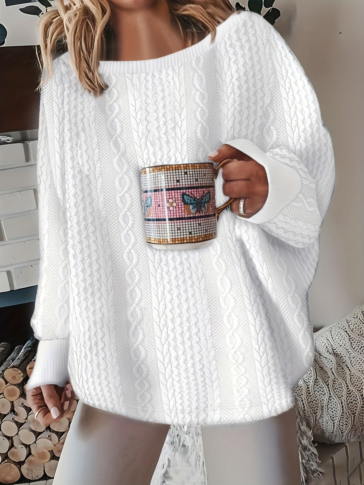 Women's Oversized Cable Knit Pullover Sweater Round Neck Long Sleeve Loose Cozy Chunky Knit Top for Fall Winter Casual White Grey Black