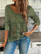 Women's Floral Print Lace Collar Long Sleeve T-Shirt Elegant Casual Top - Nature-Inspired Print Polyester Knit Blouse for Spring Fall Daily Wear Office Outfits