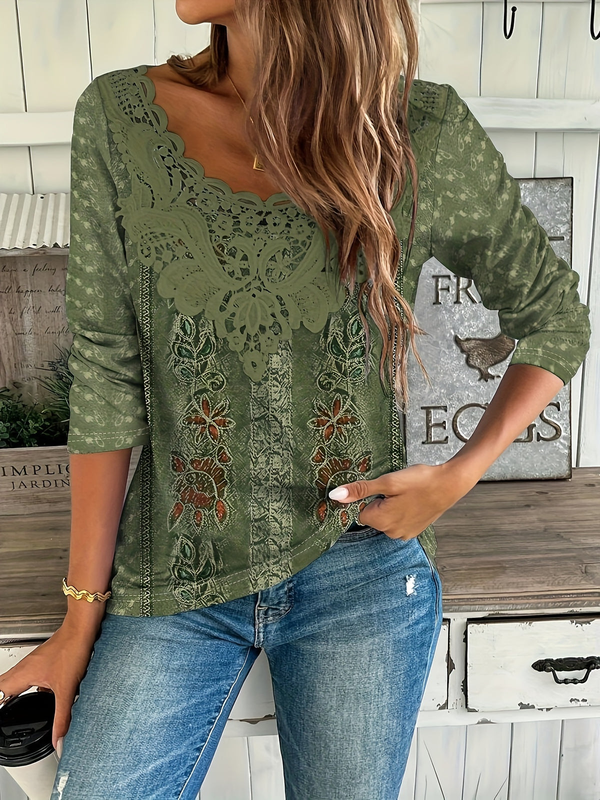 Women's Floral Print Lace Collar Long Sleeve T-Shirt Elegant Casual Top - Nature-Inspired Print Polyester Knit Blouse for Spring Fall Daily Wear Office Outfits