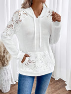 Women's Lace-Trim Hooded Raglan Sleeve Pullover Top – Casual Fashion Knit Hoodie 95% Polyester Stretch Comfortable Everyday Shirt