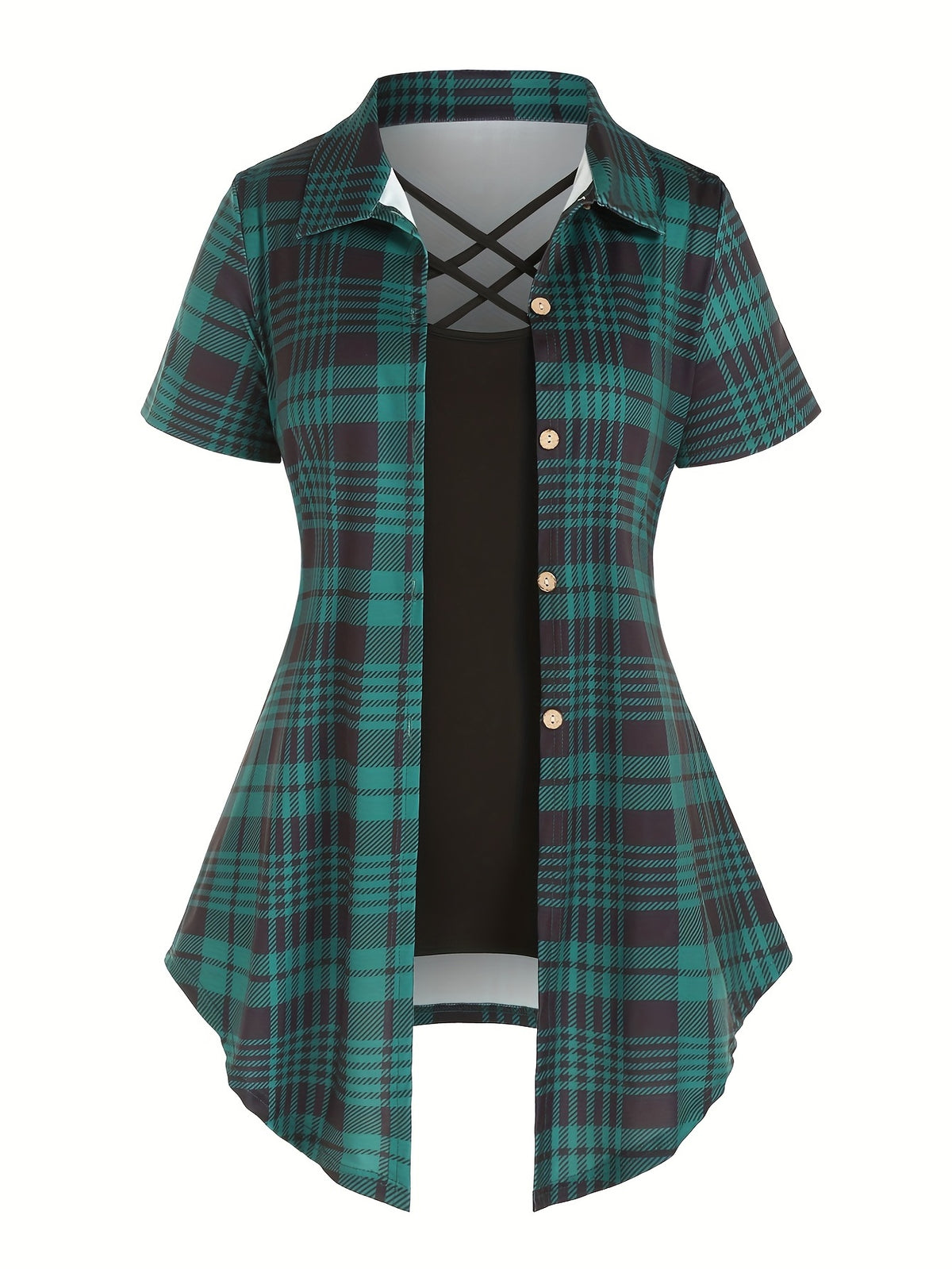 Women's Two-Piece Set Plaid Button Front Shirt & Solid Cami Top – Casual Summer Matching Outfit Set for Women S M L XL XXL Purple Milky Green