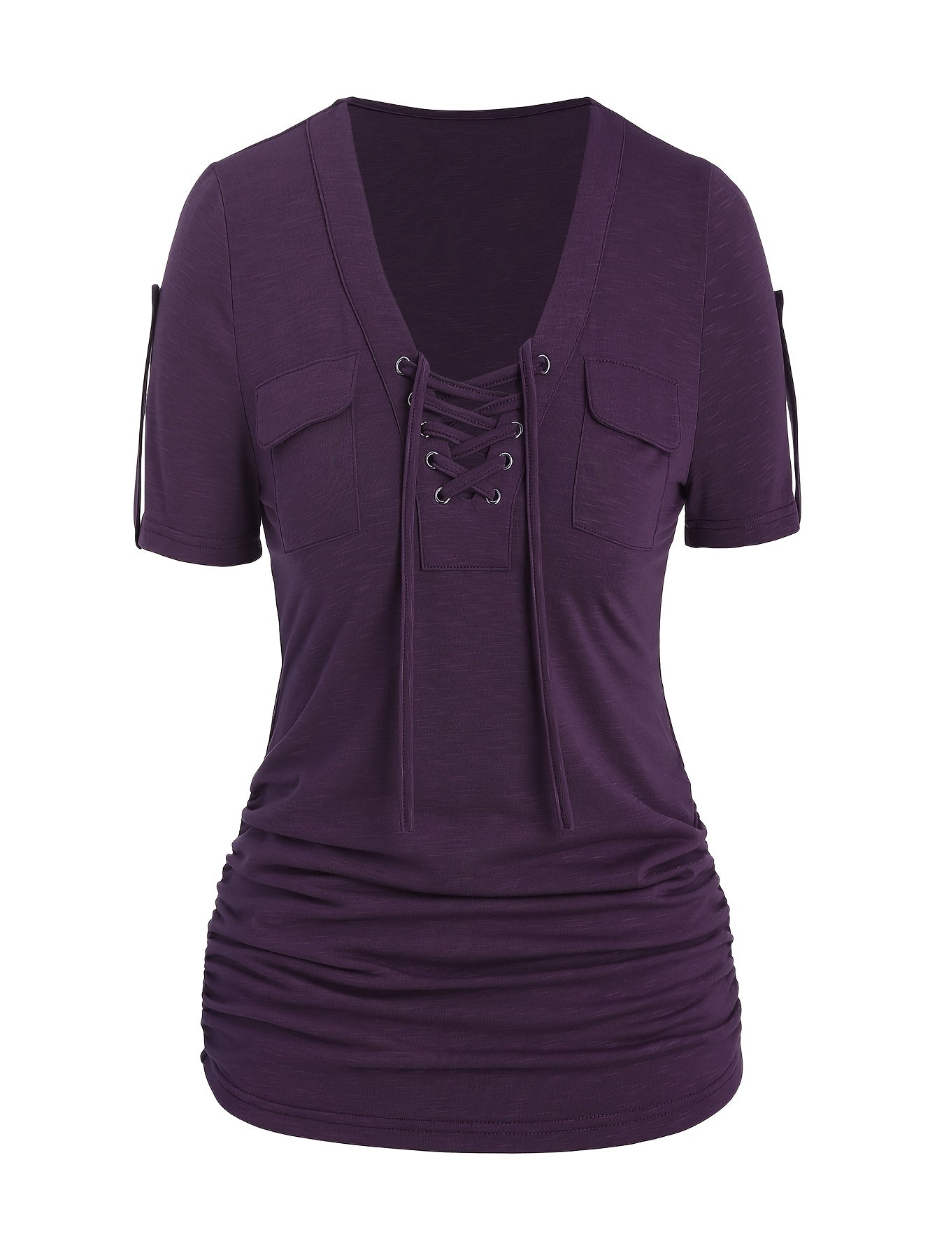 Women's Front Eyelet Strappy T-Shirt V-Neck Casual Stretch Smooth Knit Spring Summer Fall Everyday Top Trendy Cutout S M L XL XXL