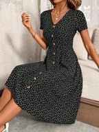 Women's V-Neck Button Waist-Cinching A-Line Swing Dress Flowy Print Elegant Tea Party Valentine's Day Spring Summer Casual Dress Black Red S-XXL