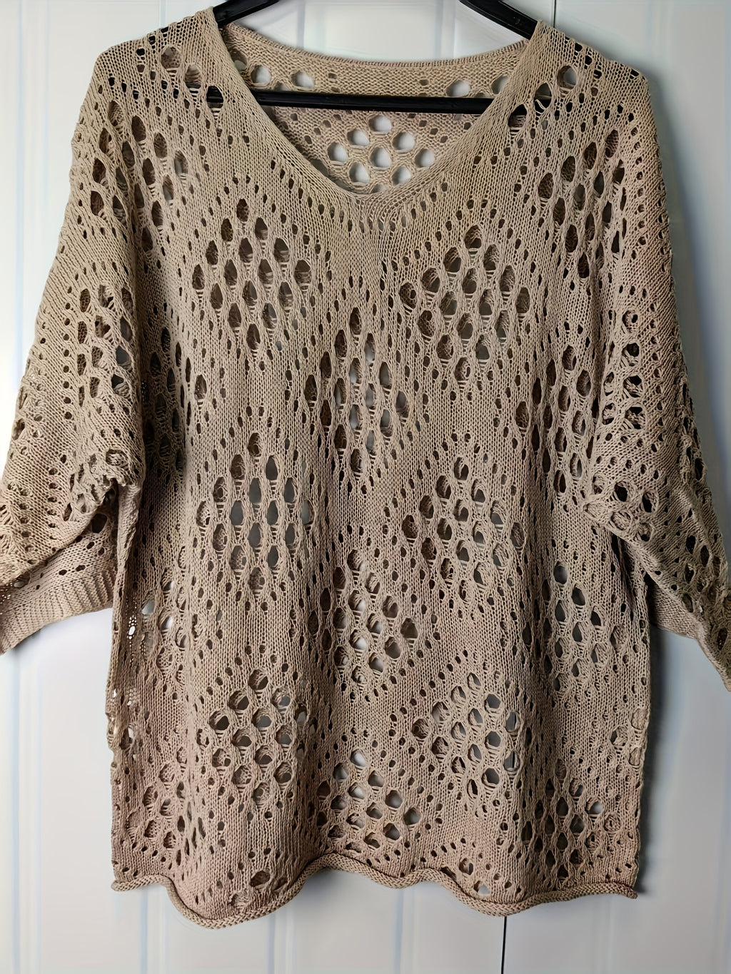 Bohemian V-Neck Openwork Sweater Women 3/4 Sleeve Lightweight Pullover Spring Summer Fall Casual Tops US Warehouse