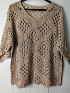 Bohemian V-Neck Openwork Sweater Women 3/4 Sleeve Lightweight Pullover Spring Summer Fall Casual Tops US Warehouse
