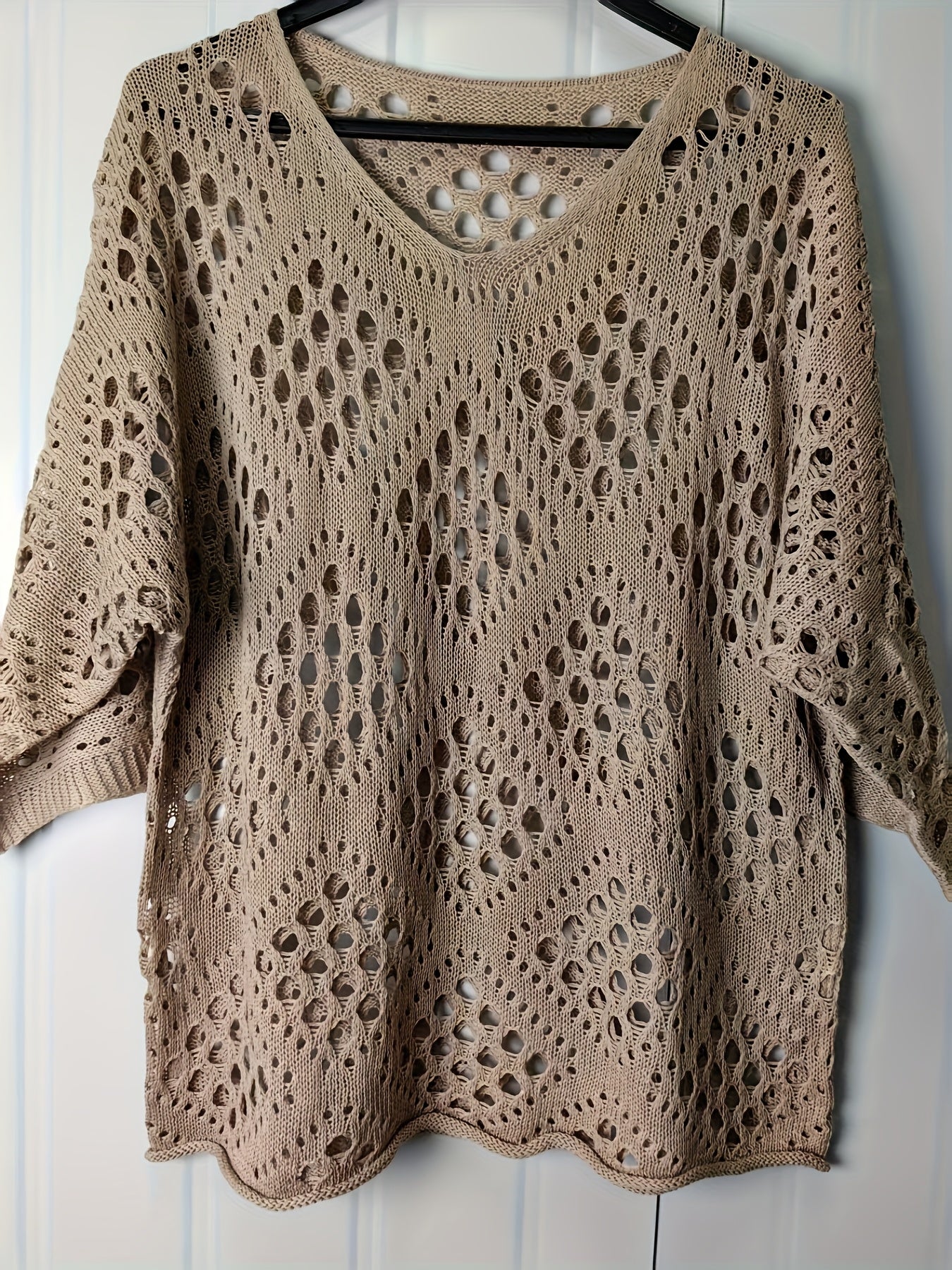 Bohemian V-Neck Openwork Sweater Women 3/4 Sleeve Lightweight Pullover Spring Summer Fall Casual Tops US Warehouse