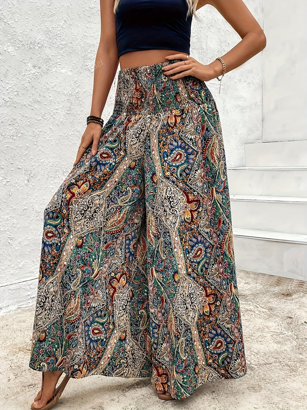 Women's Bohemian Wide Leg Pants High Waist Elastic Waist Paisley Floral Print Casual Flowy Trousers Spring Summer Fall S M L XL Multicolor