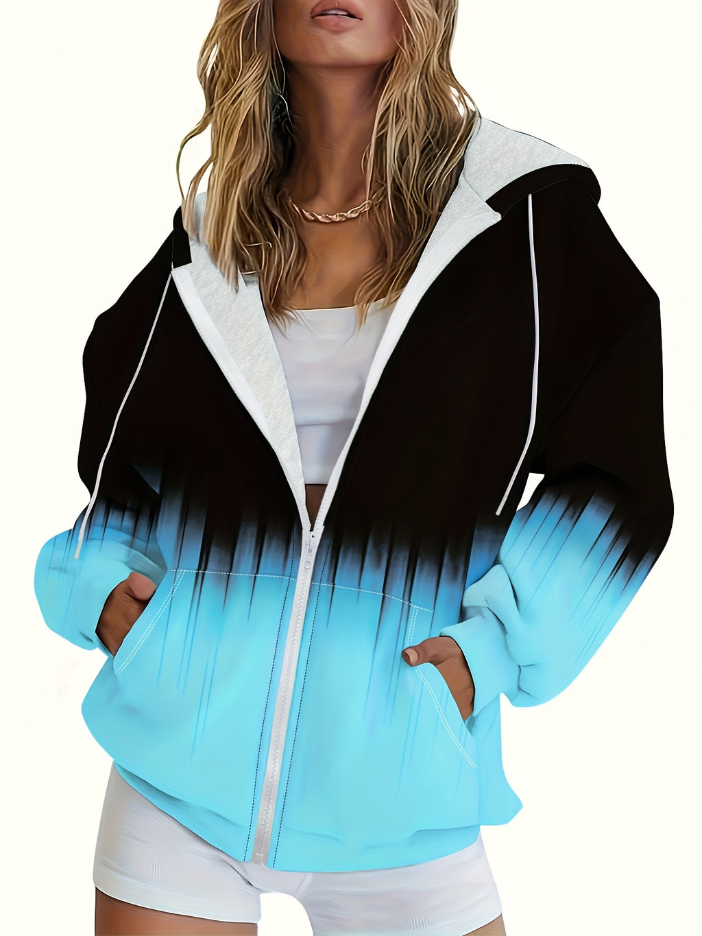 Women's Zip Open Front Hoodie Sweatshirt Color Block Print Loose Casual Layering Knit Top 100% Polyester Mid Stretch Spring Summer Fall S M L XL XXL