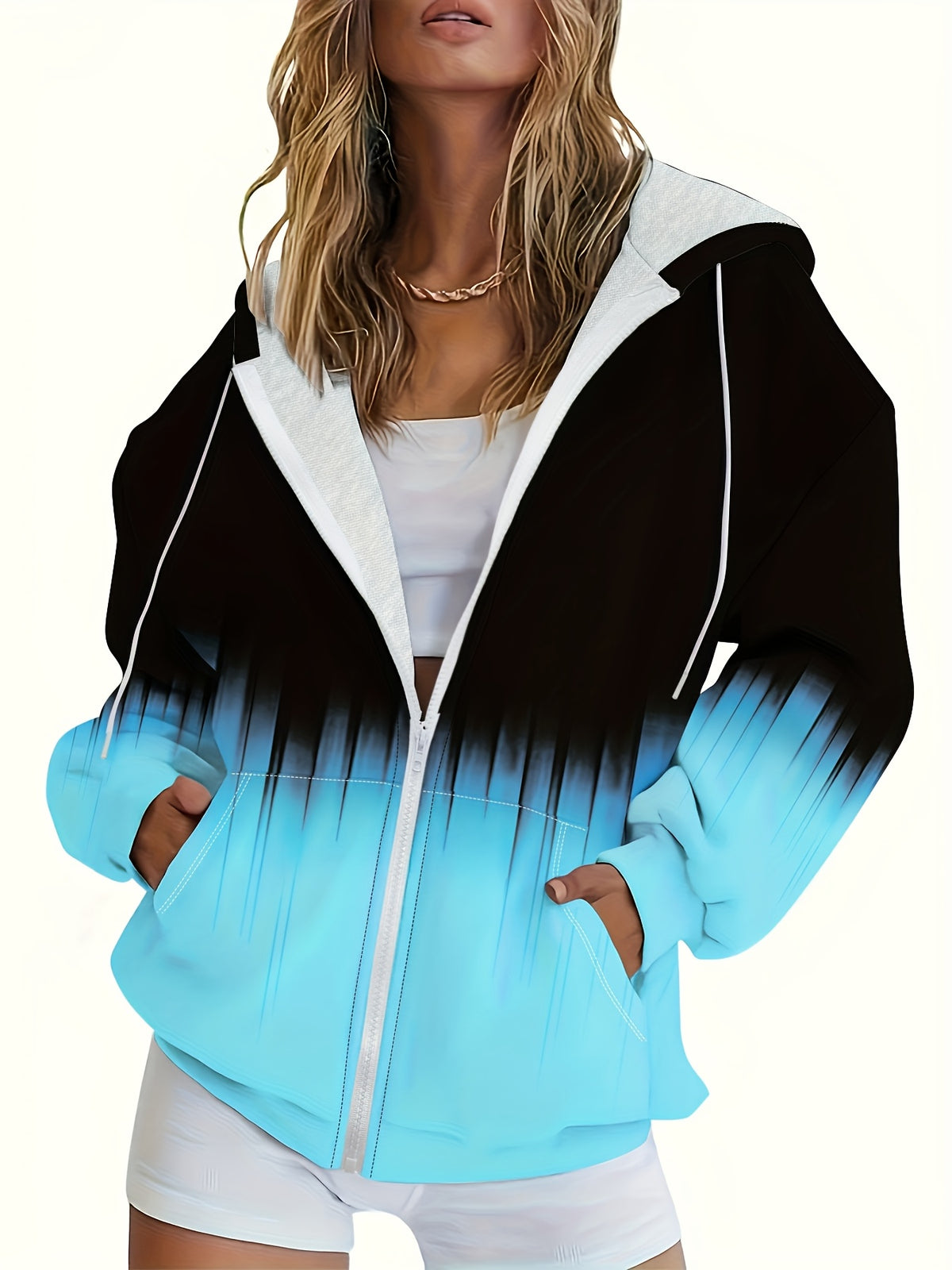 Women's Zip Open Front Hoodie Sweatshirt Color Block Print Loose Casual Layering Knit Top 100% Polyester Mid Stretch Spring Summer Fall S M L XL XXL