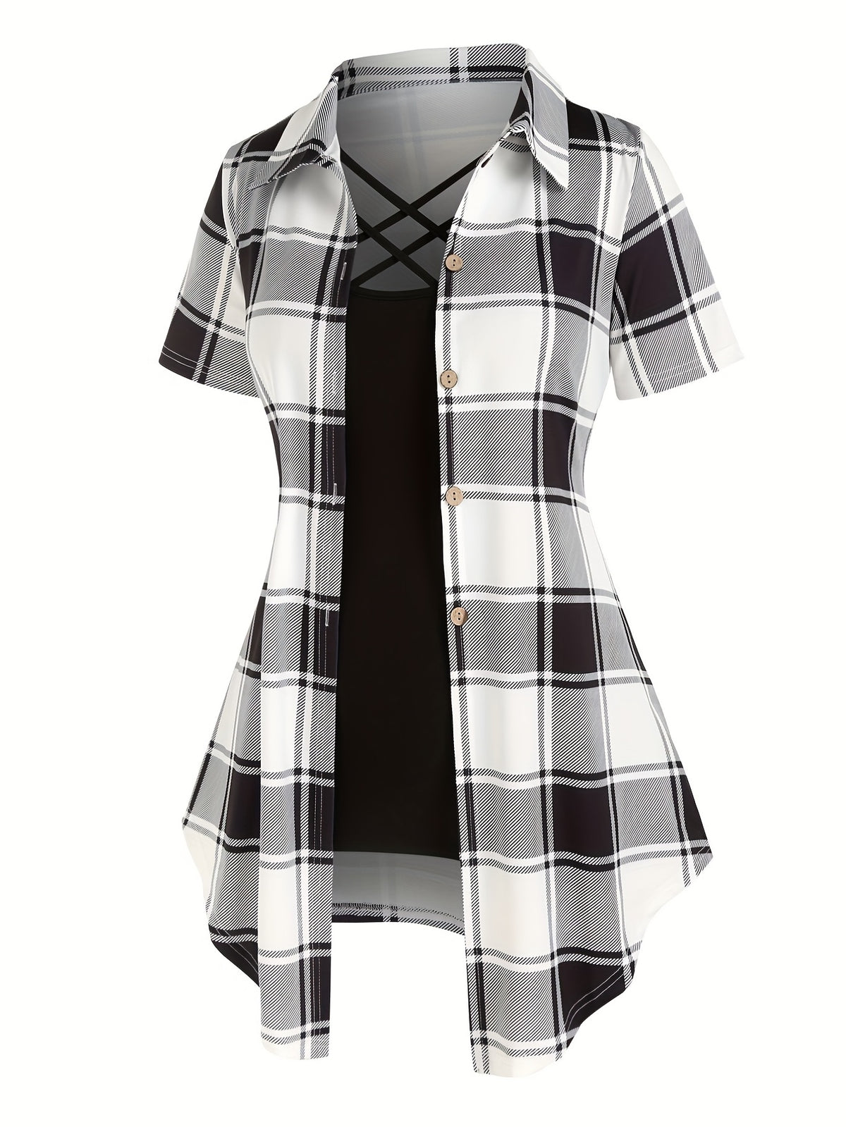 Women's Two-Piece Set Plaid Button Front Shirt & Solid Cami Top – Casual Summer Matching Outfit Set for Women S M L XL XXL Purple Milky Green
