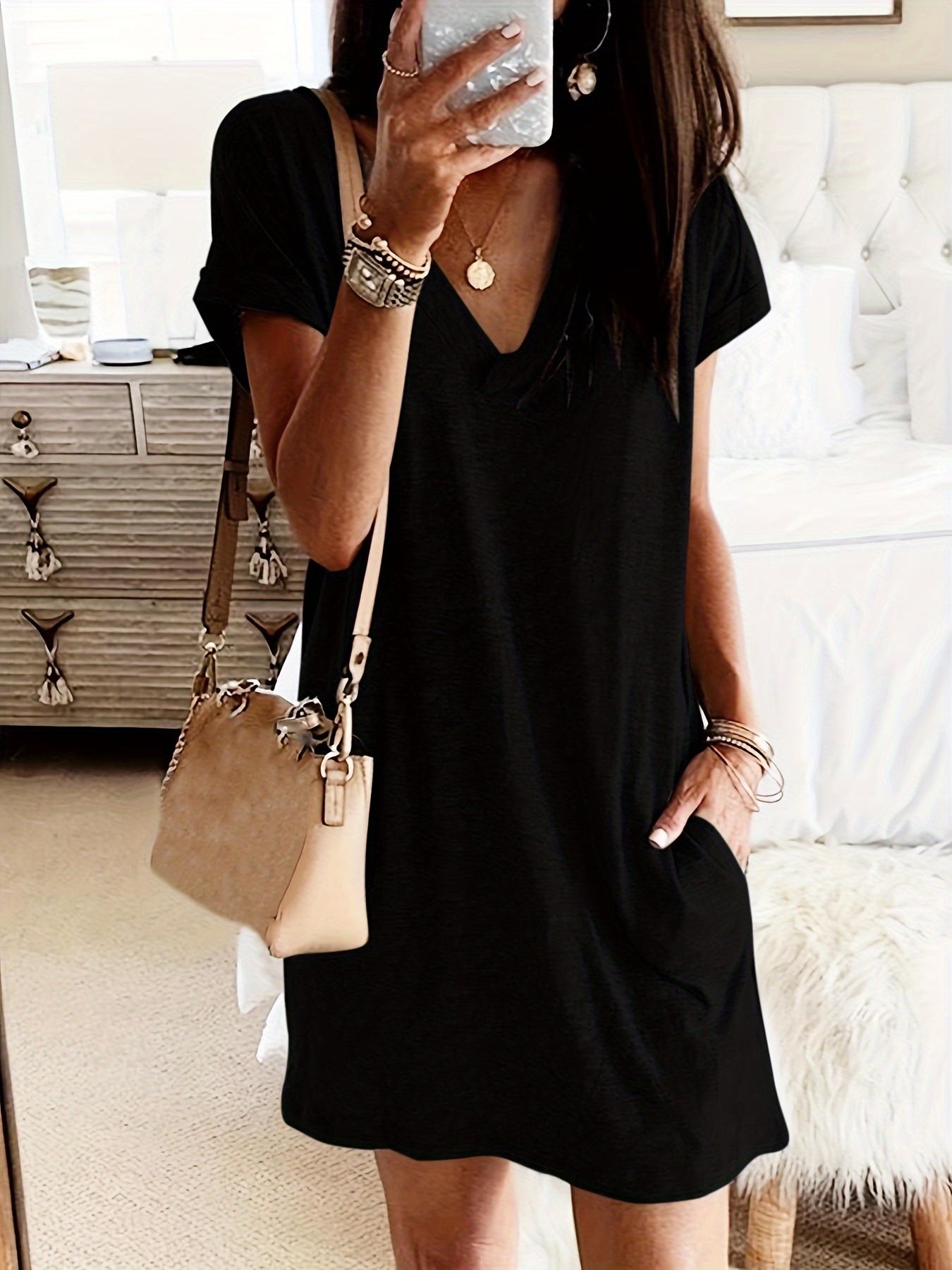 Women's Casual Loose-Fit Solid Color Short Sleeve Tunic Dress V-Neck Knit Stretch Comfortable Everyday Summer Spring Fall S M L XL XXL