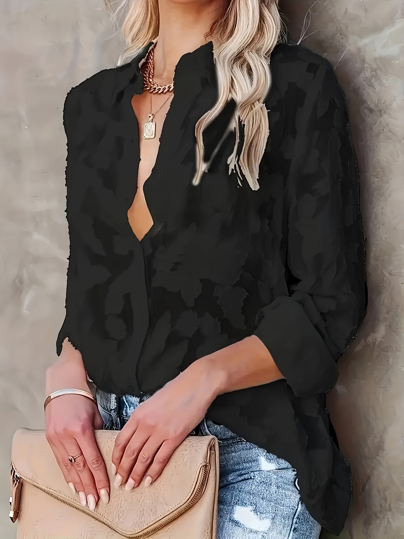 Women's Jacquard Semi-Sheer Long Sleeve Shirt – Elegant Single-Breasted Loose Blouse, Sheer Floral Top for Women, Casual & Dressy, Sizes S-XXL, White Black Blue Yellow