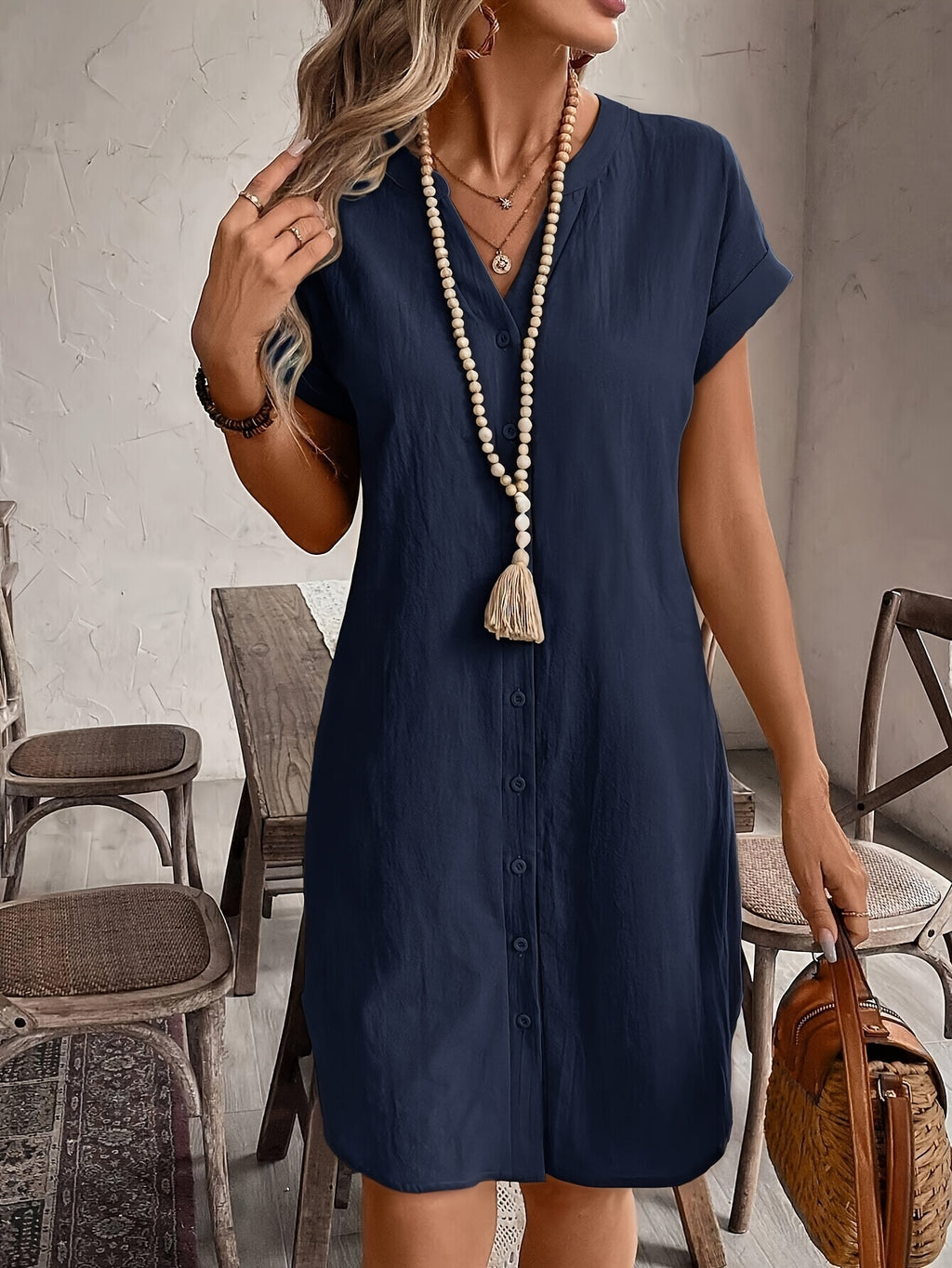 Women's V-Neck Loose Fit Button Dress – Elegant Casual Solid Color Summer Shirt Dress in 9 Colors for Everyday & Vacation Wear