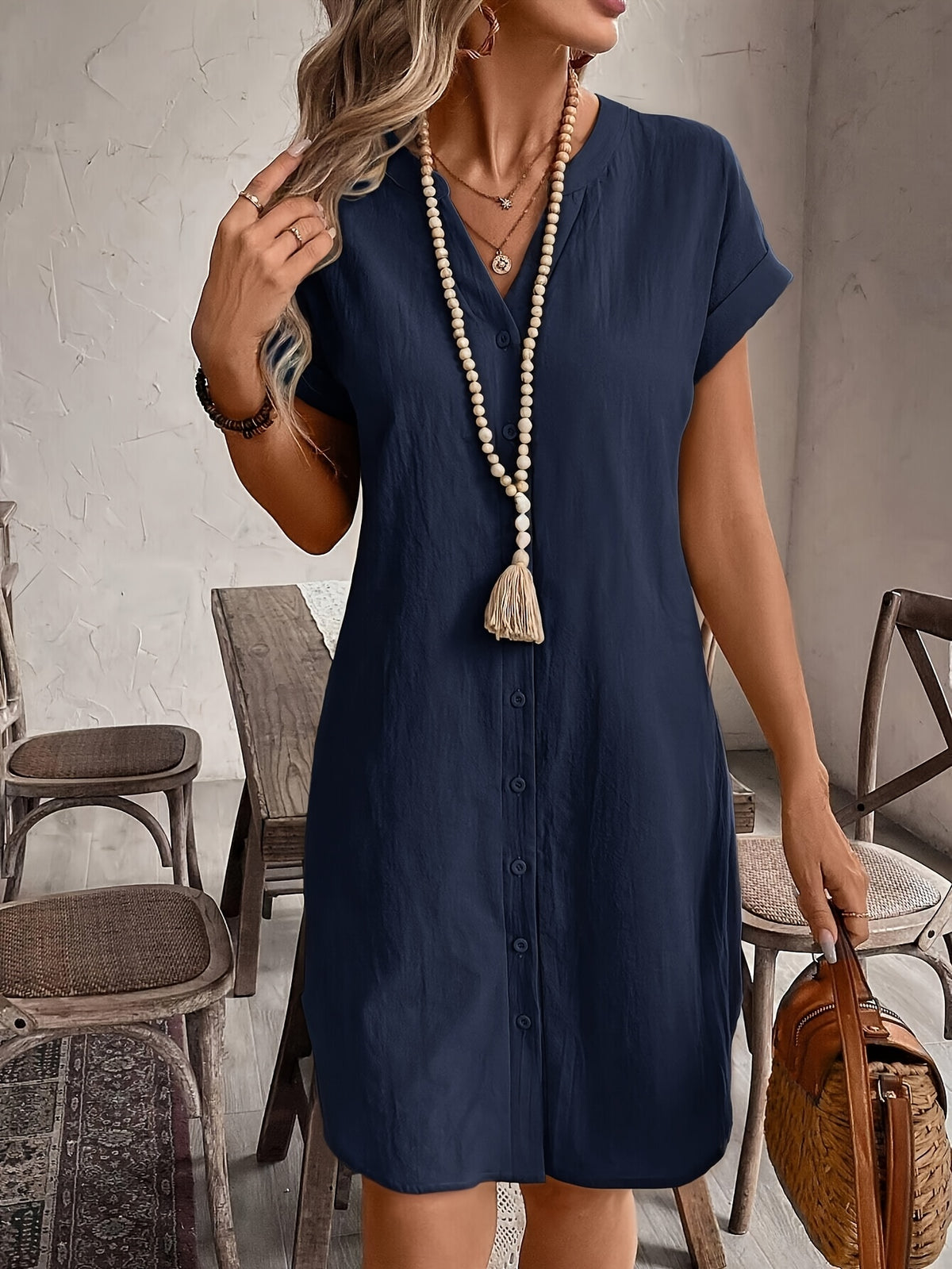 Women's V-Neck Loose Fit Button Dress – Elegant Casual Solid Color Summer Shirt Dress in 9 Colors for Everyday & Vacation Wear