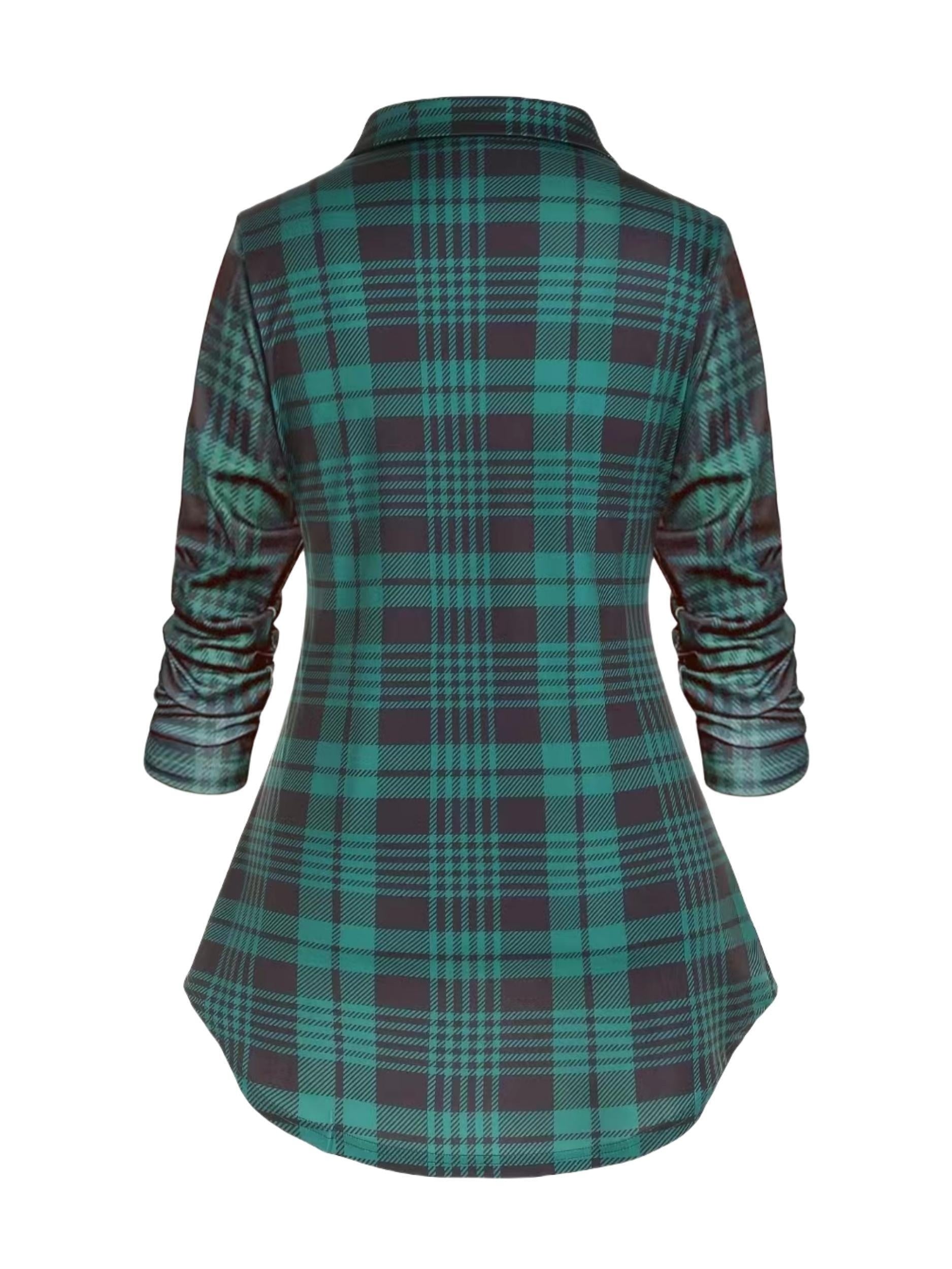 Women's Retro 2-Piece Set - High-Waist Plaid Long Sleeve Blouse & Body Strap | Vintage Button Lapel Collar Fall Spring Outfit Fashion