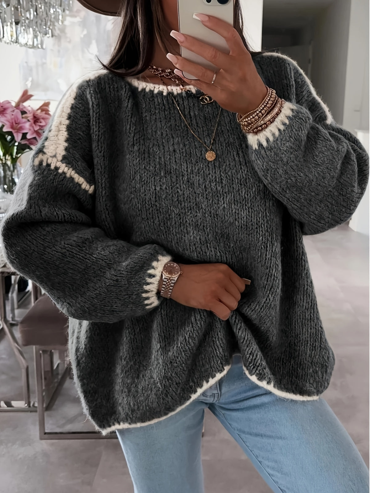 Women's Boat Neck Color Block Pullover Sweater - Casual Long Sleeve Loose Contrast Knit Top for Fall Winter, Off Shoulder Style, 7 Colors, Sizes S-XXL, Soft Polyester Cozy Everyday Sweater