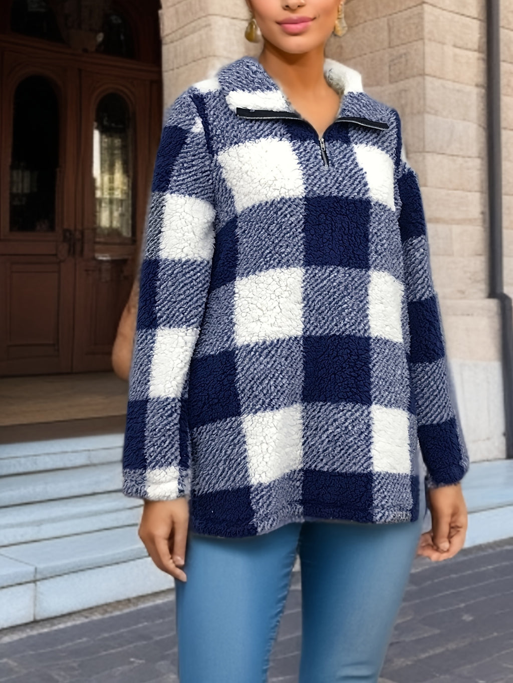 Geometric Pattern Fuzzy Sweatshirt Women High Neck Suede PU Casual Top – Knit Mid Elasticity Non-Sheer Pullover Mixed Colors Deep Red S-XXL