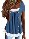 Women's 2-in-1 Button-Up Short Sleeve T-Shirt – Layered Look Crew Neck Loose Fit Casual Summer Top in 8 Colors, 95% Polyester 5% Elastane