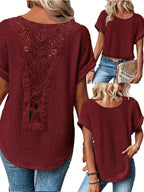 Lace Patchwork Round Neck Short Sleeve T-Shirt Women Summer Casual Flowy Top Peacock Blue Khaki Black White S M L XL XXL