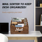 Large Solid Wood Desktop Mail Organizer with Drawer and 4 Compartments Labelable Dividers for Files Letters Paper Folders Desk Organizer for Home Office Students and Professionals