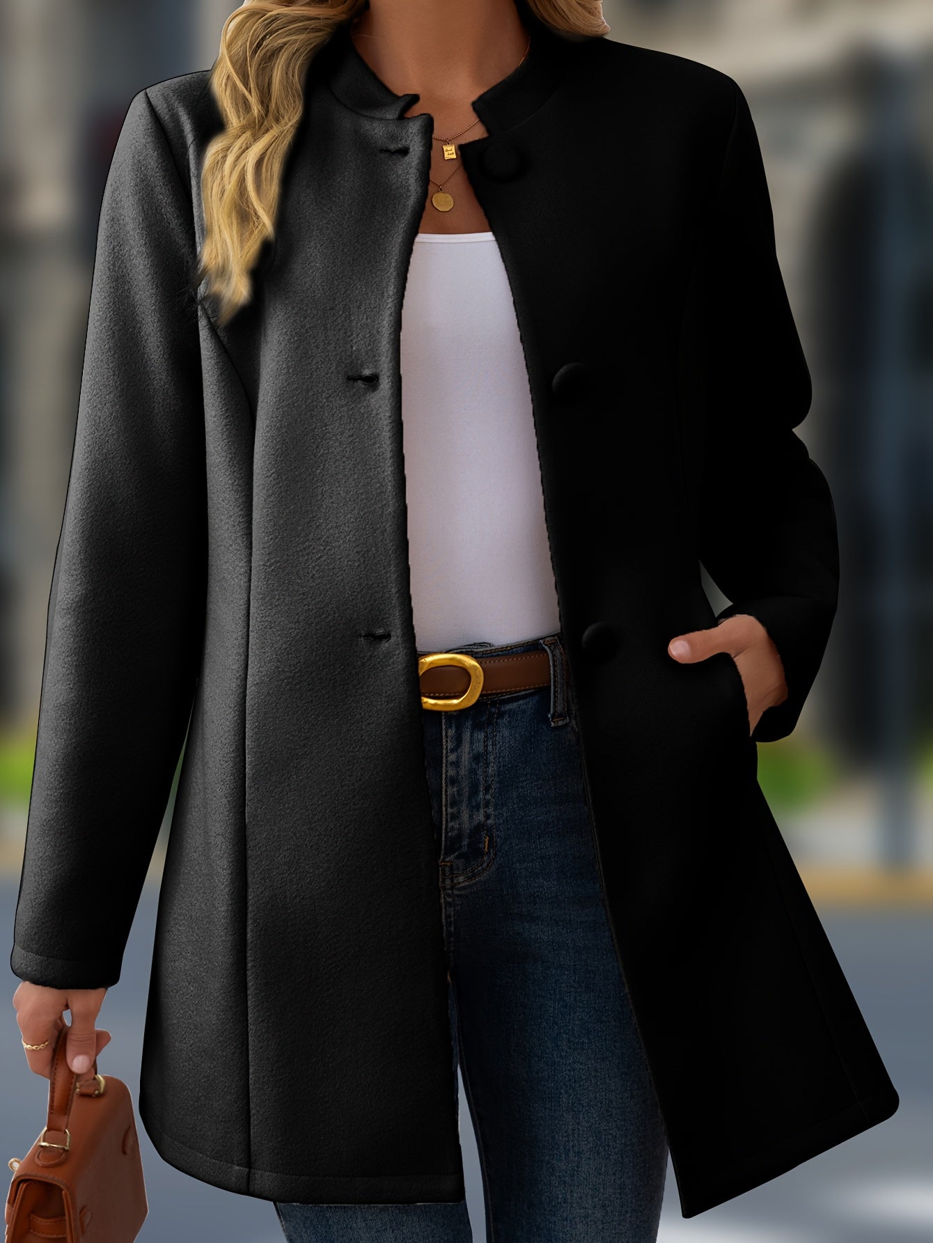 Women's Casual Stand Collar Button-Up Mid-Length Thick Jacket - Fall Winter Warm Coat for Work Outdoor Travel | Apricot Black Red | Sizes S-XXL
