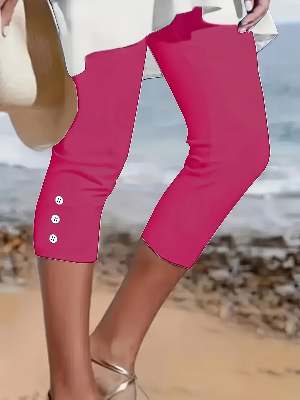 Women's Capri Pants Solid Color Stretchy Button-Front Elastic Waist Three-Quarter Length Trousers Casual Dressy Spring Summer Machine Washable S M L XL XXL