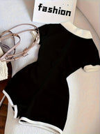 Women Color Block Bodysuit Y2K Lapel Collar Casual Stretch Fitted One Piece Top Black XS S M L XL XXL