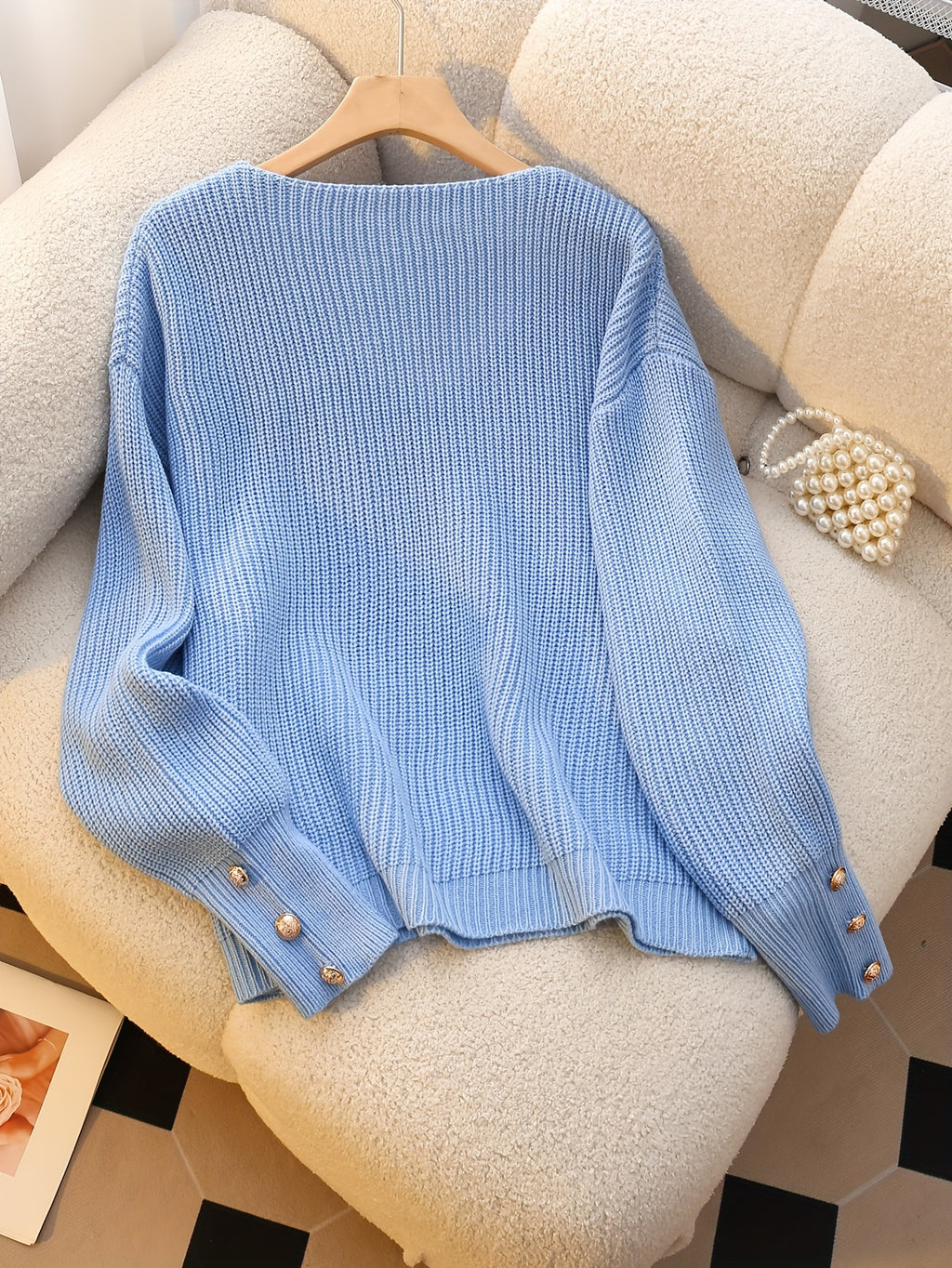 Women's V-Neck Ribbed Sweater Long Sleeve Pullover with Faux Button Detail - Elegant Casual Knitwear for Fall Winter Office Daily Wear Machine Washable