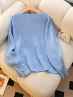 Women's V-Neck Ribbed Sweater Long Sleeve Pullover with Faux Button Detail - Elegant Casual Knitwear for Fall Winter Office Daily Wear Machine Washable