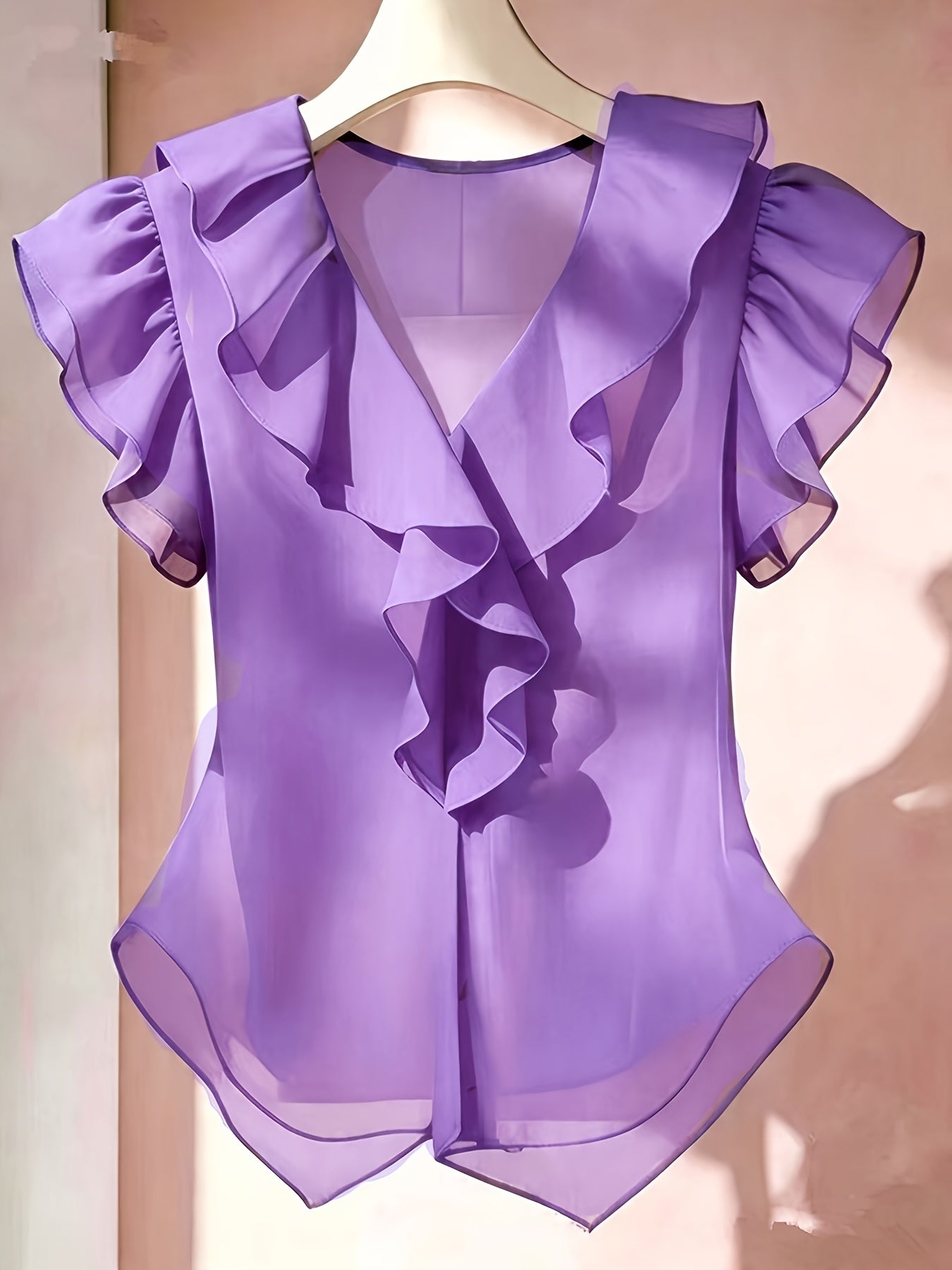 Women's French Ruffle Short Sleeve Chiffon Top – Solid Color Flyaway Casual Summer Blouse in 21 Colors, 100% Polyester Woven
