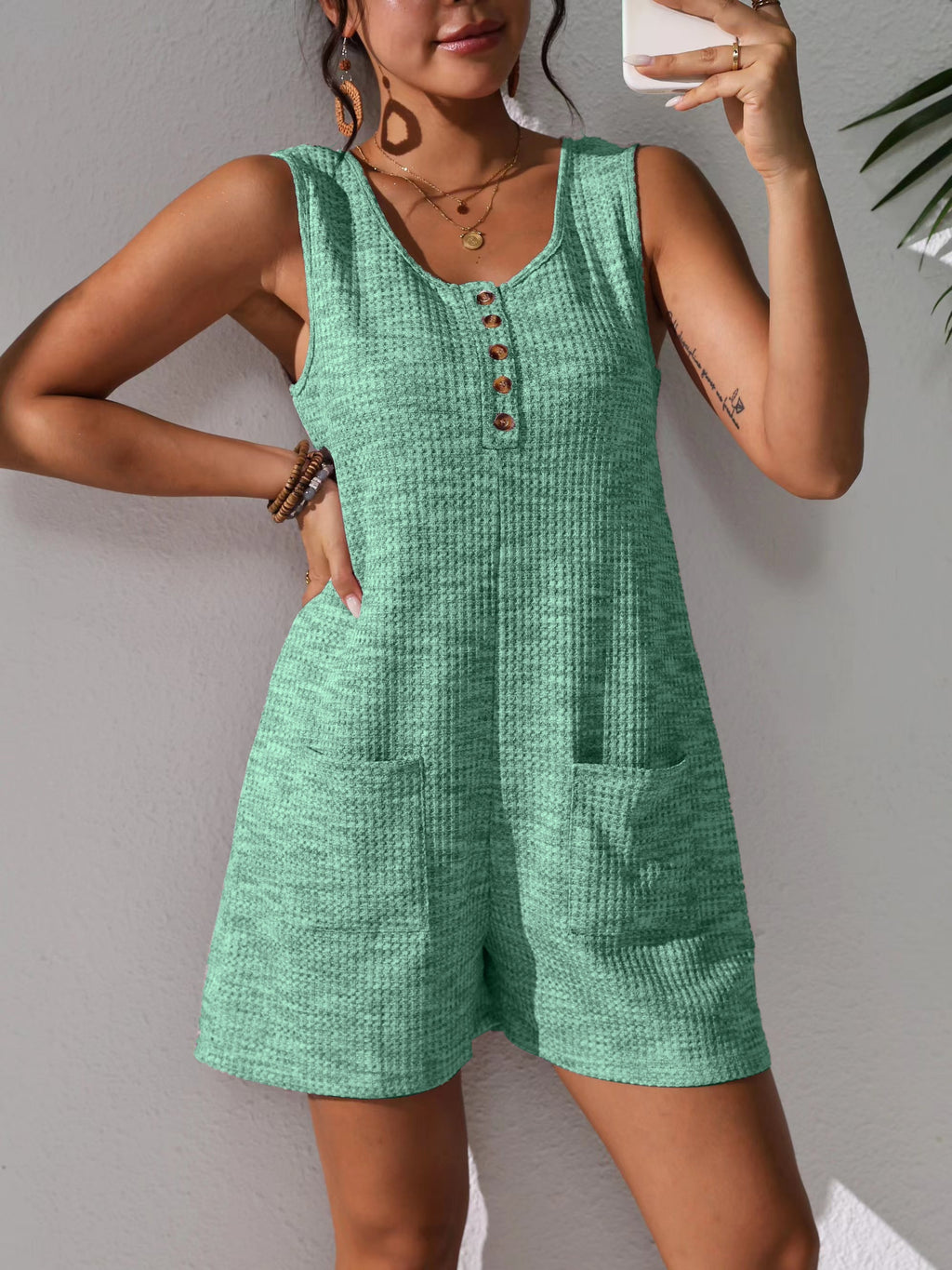Women's Waffle Jumpsuit Sleeveless Romper with Pockets & Buttons Summer Casual One-Piece Outfit Shorts Loose Fit S M L XL XXL Grey Pink Purple Blue Yellow