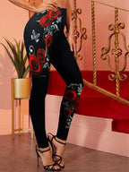 Women's Rose Print Bodycon Leggings Black Romantic Floral Sexy Curve-Hugging Stretch Pants All Season Machine Washable S M L XL XXL