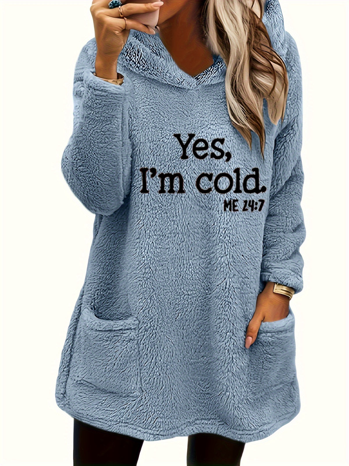 Women's "Yes I'm Cold" Teddy Bear Graphic Hooded Sweatshirt – Cozy Fleece-Lined Pullover Hoodie Double Pocket Long Sleeve 100% Polyester Fall Winter Casual Top