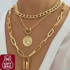 Gold Plated Layered Necklace Set 3 Pieces for Women – Vintage Embossed Round Pendant & Lock Charm Stackable Necklaces, Elegant Fashion Jewelry Gift Set with Gift Bag for Birthday Anniversary Valentine