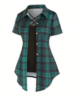 Women's Two-Piece Set Plaid Button Front Shirt & Solid Cami Top – Casual Summer Matching Outfit Set for Women S M L XL XXL Purple Milky Green