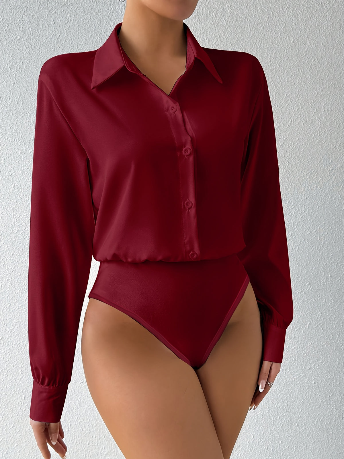 Women's Long Sleeve Bodysuit Solid Color Lapel Button Snap Crotch Shirt Top Stretchy Fitted Turtleneck Blouse for Women