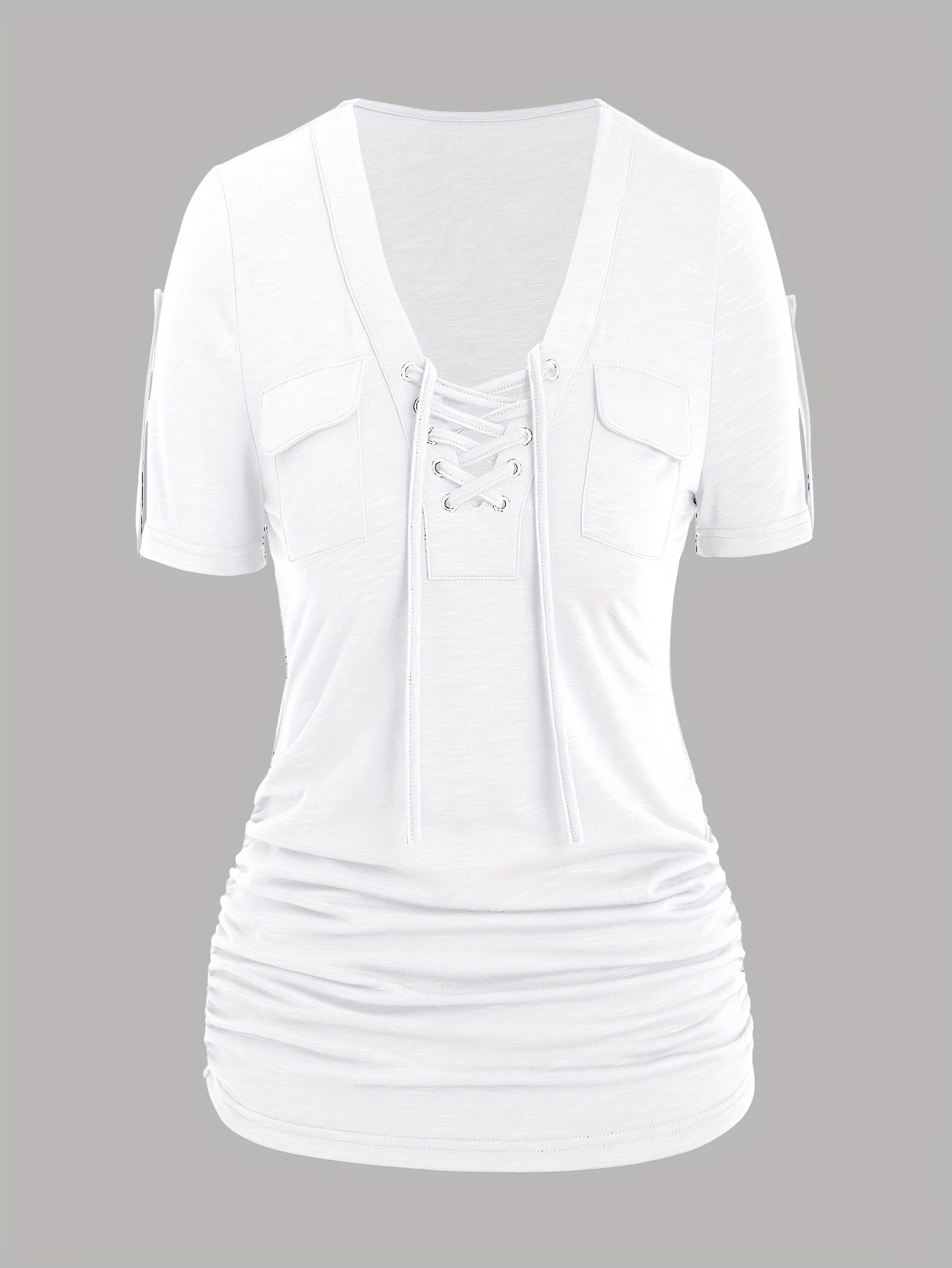 Women's Front Eyelet Strappy T-Shirt V-Neck Casual Stretch Smooth Knit Spring Summer Fall Everyday Top Trendy Cutout S M L XL XXL