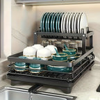 2-Tier Dish Drying Rack for Kitchen Counter with Drainboard Drain Mat Knife Fork Cup Holder Utensil Organizer Dish Drainer Kitchen Gadget Gift for Women Mother's Day