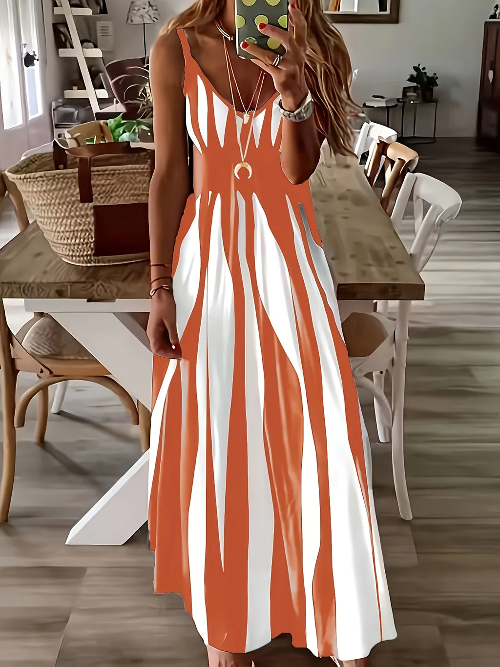 Women's V-Neck Spaghetti Strap Printed Casual Dress – 100% Polyester Knit Stretch Midi Dress for Spring Summer Fall Winter All Seasons