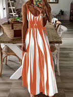 Women's V-Neck Spaghetti Strap Printed Casual Dress – 100% Polyester Knit Stretch Midi Dress for Spring Summer Fall Winter All Seasons