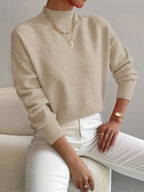 Women's Solid Color Mock Neck Drop Shoulder Pullover Sweater – Long Sleeve Knit Acrylic Blend Cozy Fall Winter Top