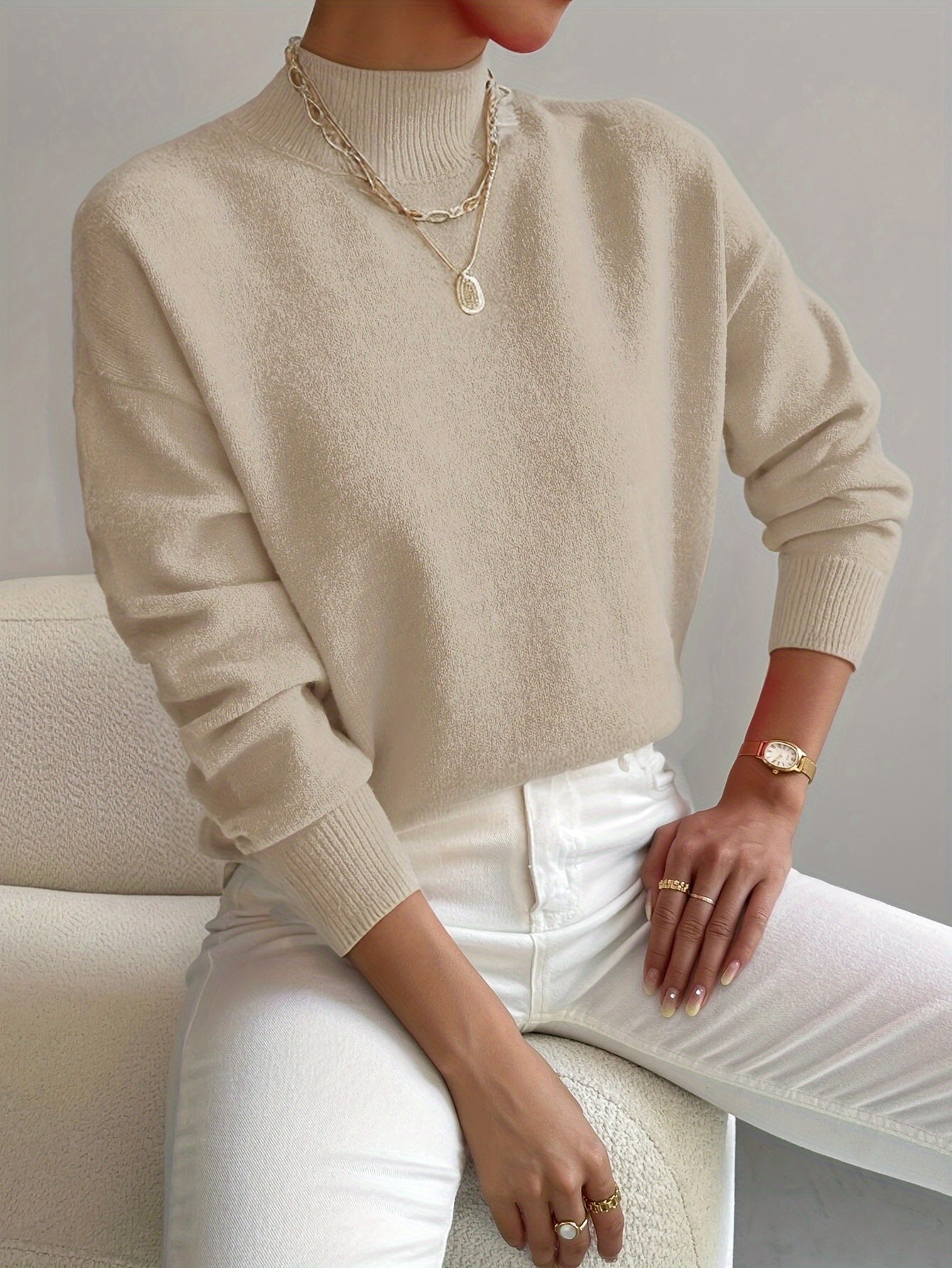 Women's Solid Color Mock Neck Drop Shoulder Pullover Sweater – Long Sleeve Knit Acrylic Blend Cozy Fall Winter Top
