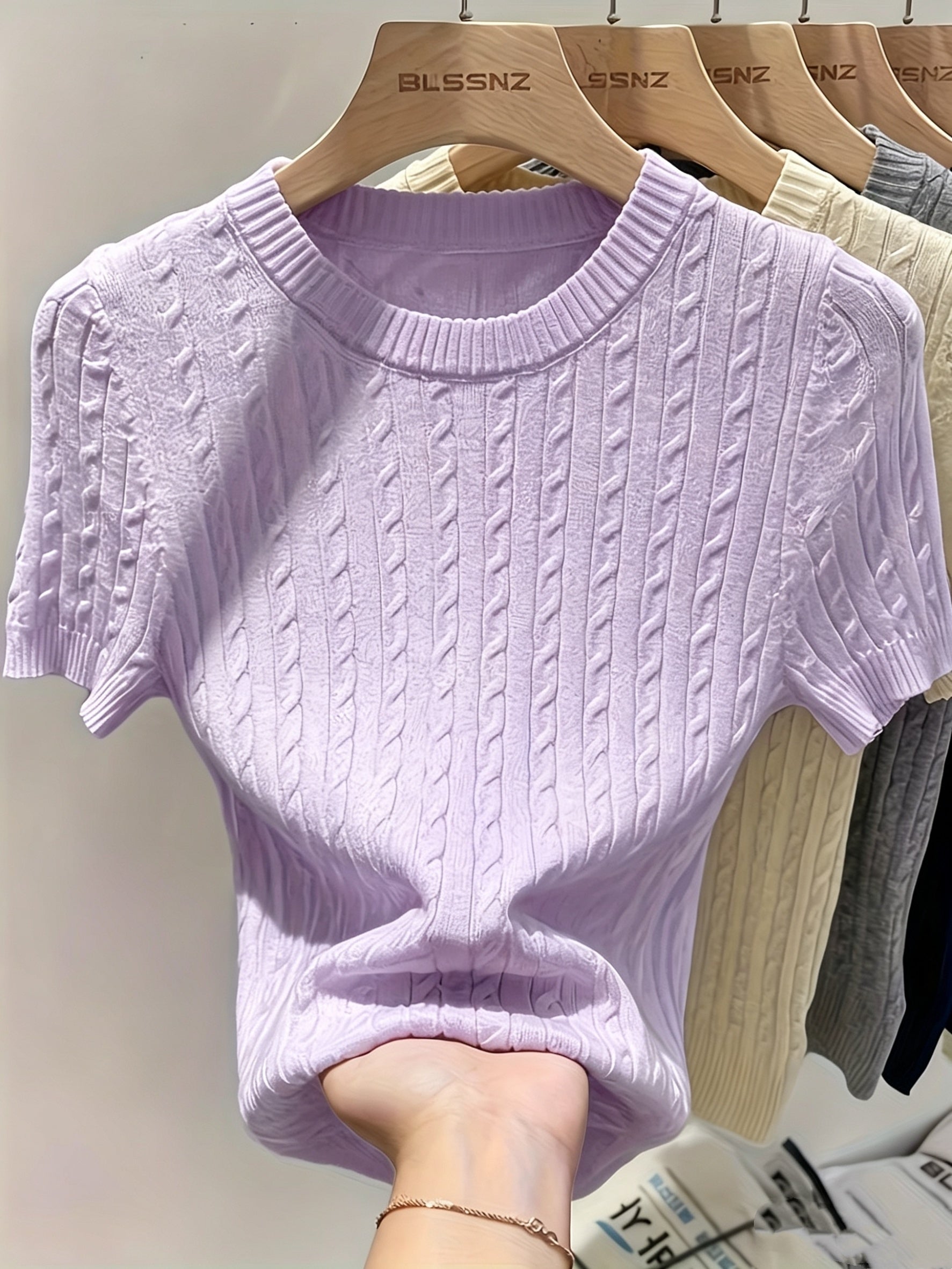Women's Jacquard Short Sleeve Sweater Chic Cable Knit Round Neck Pullover Ribbed Hem Cuffs Lightweight Viscose Spring Summer Casual S M L XL XXL