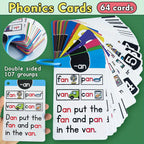 LACHILLY 107-Group Phonics Flashcards for Kids – CVC Word Learning Cards with Colorful Illustrations, I Can Read English Learning, Educational Memory Game & Teaching Aid