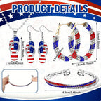 4th of July Patriotic Jewelry Set for Women 4 Piece – American Flag Earrings Bracelet Necklace Independence Day Gift Set with CZ Inlay