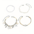 4 Pcs Ocean Anklet Set – 925 Silver Plated Pearl Shell Starfish Pendant Anklets for Women, Boho Beach Vacation & Party Jewelry, Layered Ankle Bracelet Gift Set